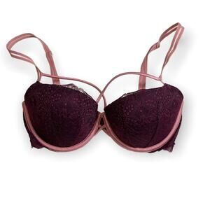 Pink Victoria’s Secert burgandy pink lace bra 32DD date lace push up bra